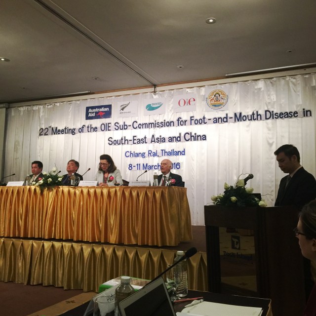 Panel of speakers on a stage with event details written behind them on a curtained wall