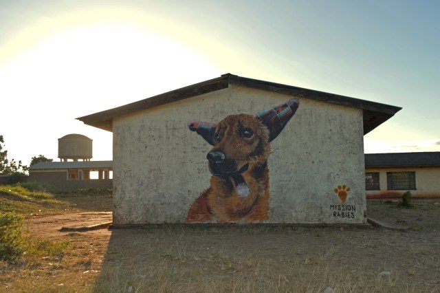 Dog mural on the side of a brick building