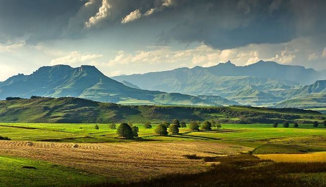 Landscape featuring green fields with trees and mountains in the background