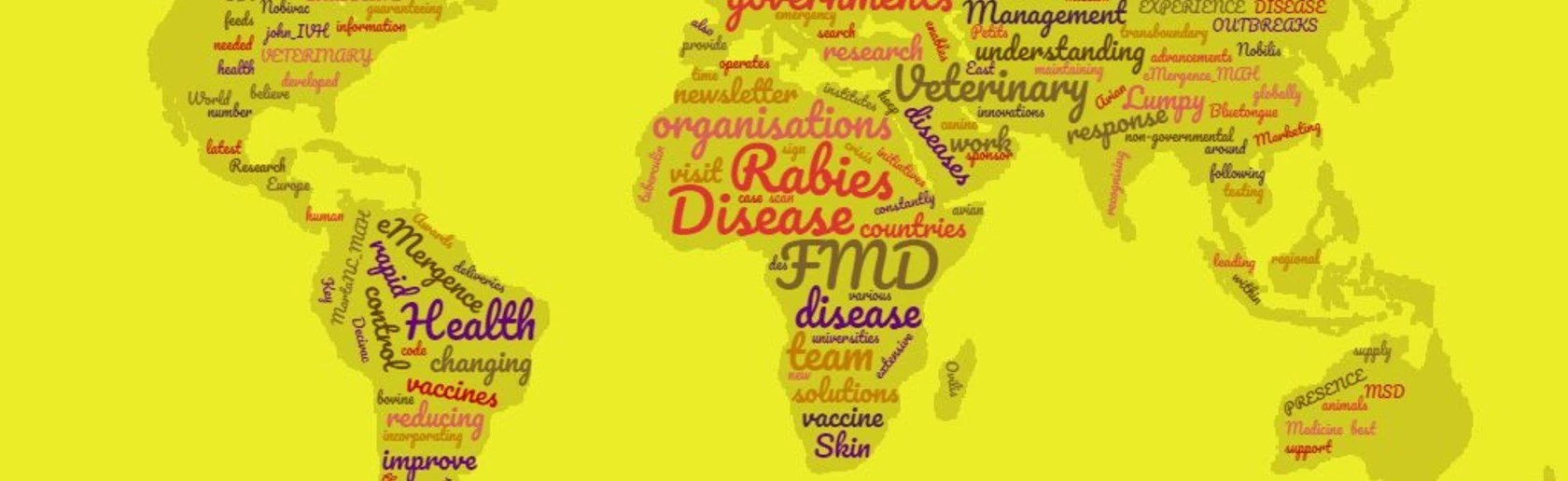 Frontline of shifting diseases banner image - World map with the countries filled with the names of diseases
