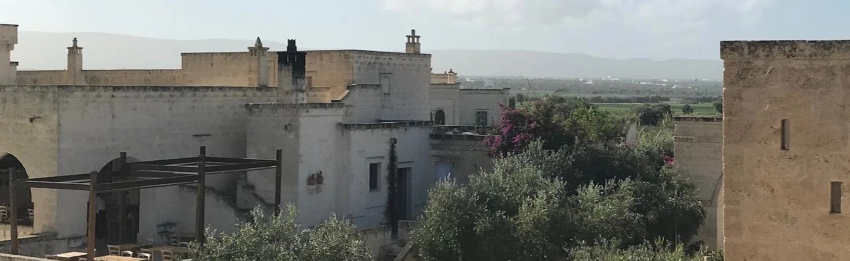 Engaging Community Practical Solutions banner image - Rooftop view of old buildings surrounded by flowering bushes and mountains in the background