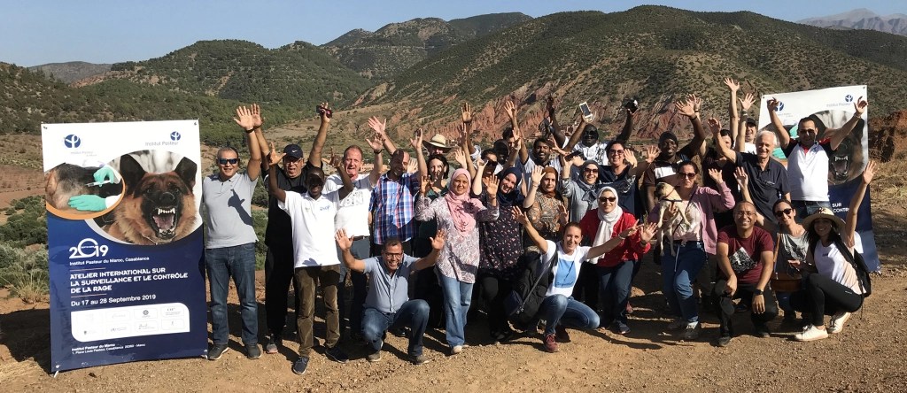 Group of people on top of a mountain, with their hands in the air and next to a large banner publicising a rabies conference