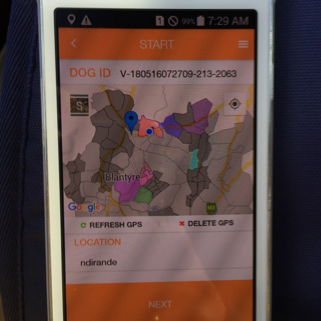 Map displayed on a mobile phone showing vaccination areas in Blantyre